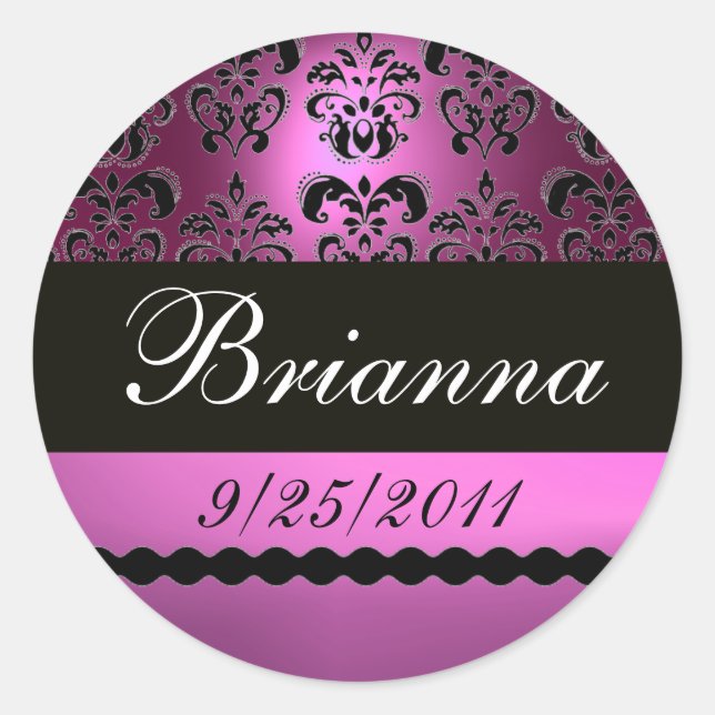 PURPLE VIOLET BLACK DAMASK CLASSIC ROUND STICKER (Front)