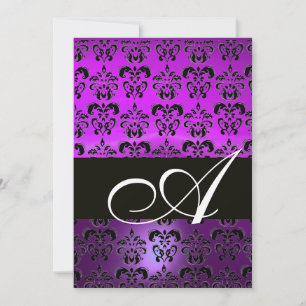 PURPLE VIOLET BLACK  DAMASK MONOGRAM , white Invitation