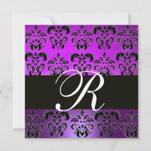 PURPLE VIOLET BLACK DAMASK MONOGRAM,,white Invitation