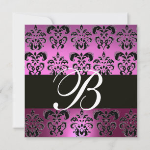 PURPLE VIOLET BLACK DAMASK MONOGRAM ,white, Invitation