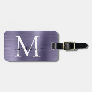 Purple Violet Brushed Metal Script Monogram Cute Luggage Tag