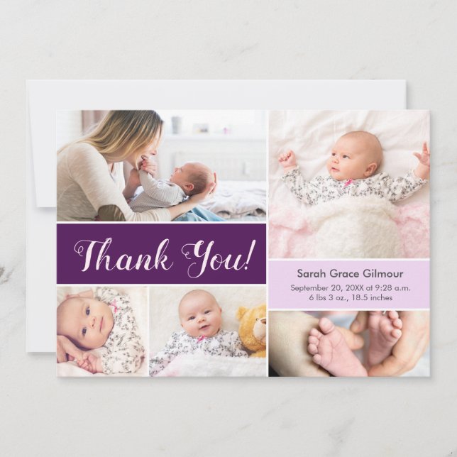 Purple violet Custom baby girl photo collage Thank You Card (Front)