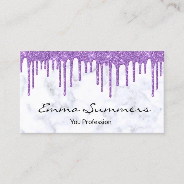 Purple Violet Drips Marble Customise Glitter Business Card (Front)