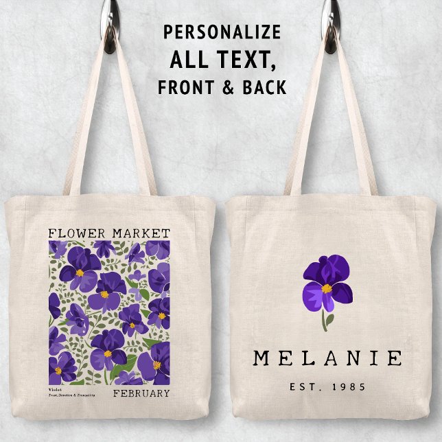 Purple Violet February Birth Flower Market Name Tote Bag (Personalized February Birth Flower Market Tote Bag, Custom Name Bag, Bachelorette Bridesmaid Gifts )