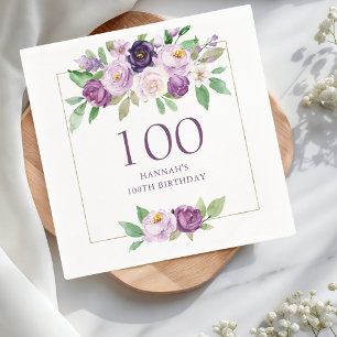 Purple Violet Floral 100th Birthday Napkin