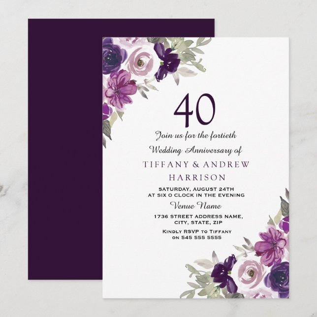 Purple Violet Floral 40th Wedding Anniversary Invitation (Front/Back)