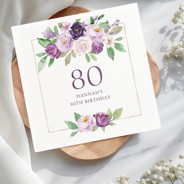 Purple | Violet Floral 80th Birthday Napkin (Creator Uploaded)