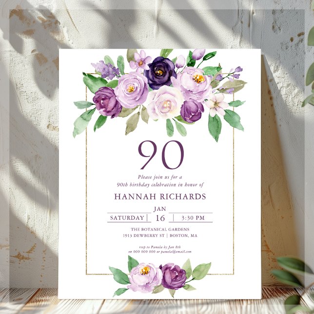 Purple | Violet Floral 90th Birthday Invitation (Creator Uploaded)