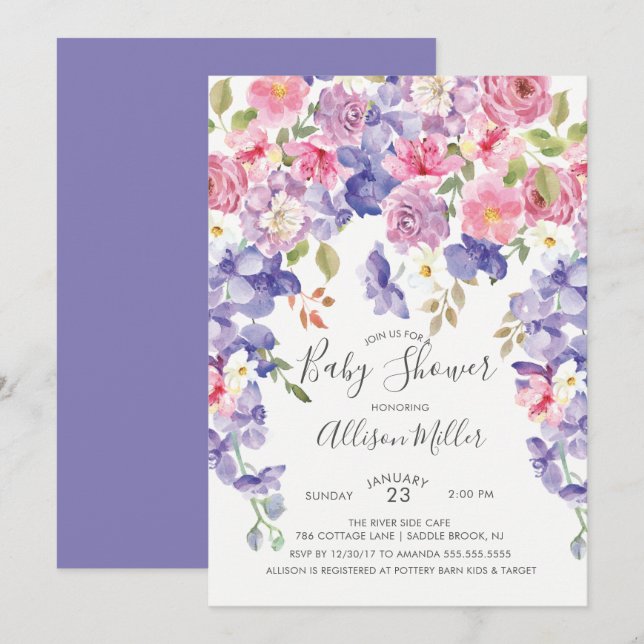 Purple Violet Floral Baby Shower Invitation (Front/Back)