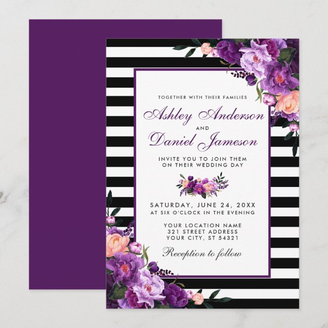 Purple Violet Floral Black Stripes Wedding PB Invitation (Front/Back)