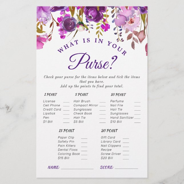Purple Violet Floral Bridal Shower Game (Front)