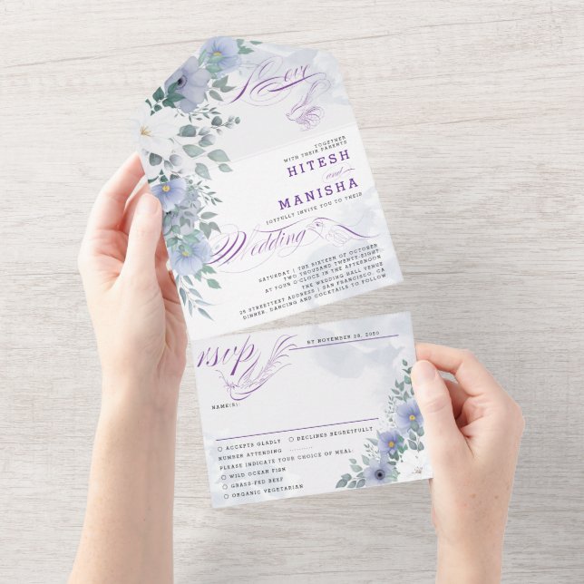 Purple Violet floral elegant All In One Invitation (Tearaway)