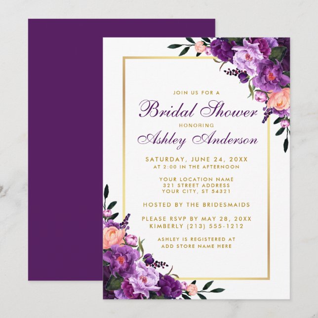 Purple Violet Floral Gold Bridal Shower Invite P (Front/Back)