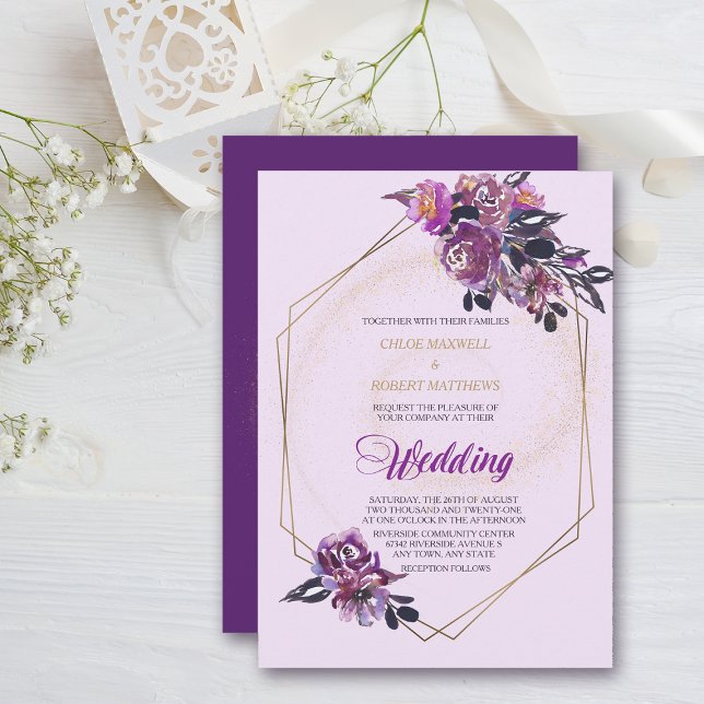 Purple Violet Floral Gold Frame Wedding Invitation (Creator Uploaded)