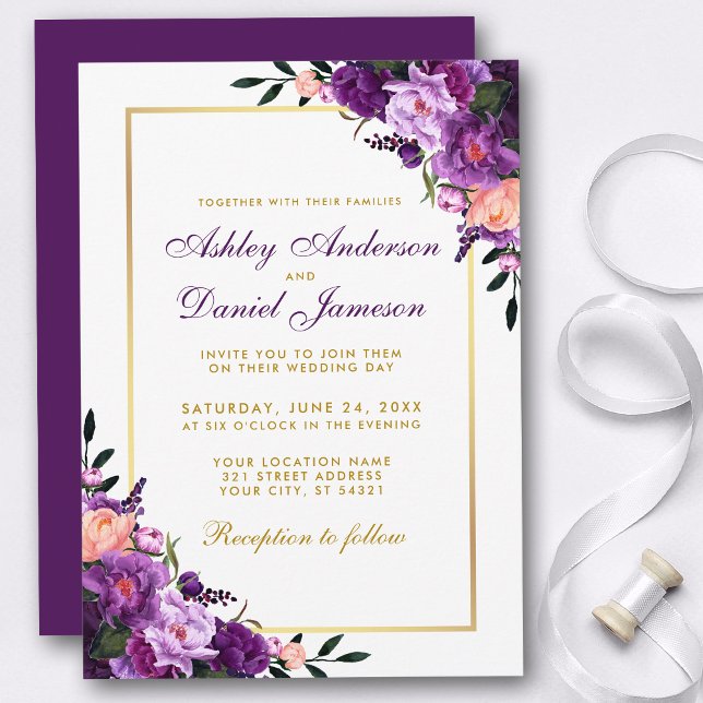 Purple Violet Floral Gold Wedding Invitation (Customize to change text color, style, add text & photos to back or change color of back of card.)