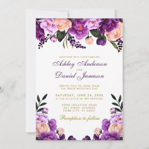 Purple Violet Floral Gold Wedding Invitation