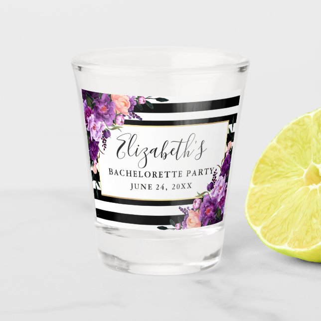 Purple Violet Floral Striped Bachelorette Party Shot Glass (Front)