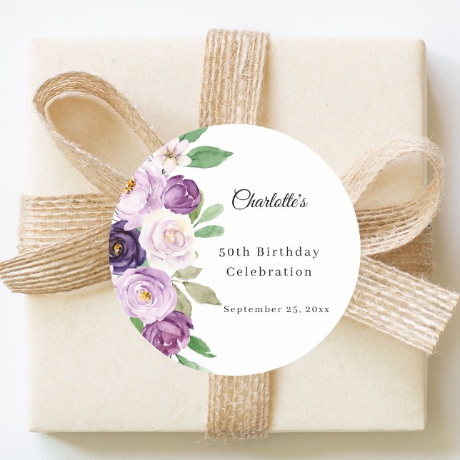 Purple violet florals birthday classic round sticker (Creator Uploaded)