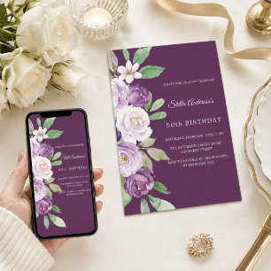 Purple violet florals birthday invitation