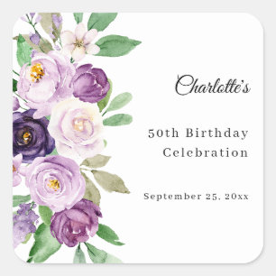 Purple violet florals birthday square sticker