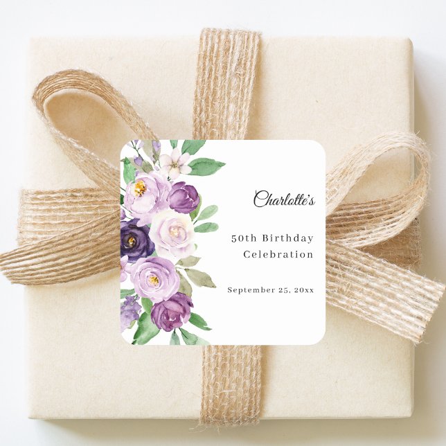 Purple violet florals birthday square sticker (Creator Uploaded)
