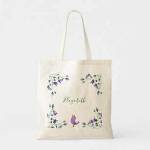Purple violet florals bluebells white name tote bag