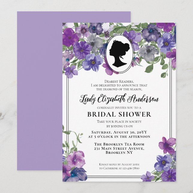 Purple Violet Florals Regency Era Bridal Shower Invitation (Front/Back)