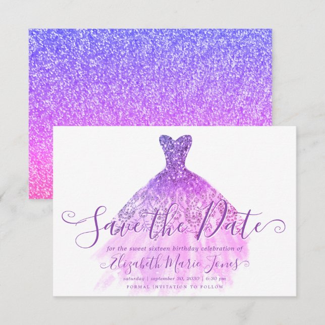 Purple Violet Glitter ChicDress Sweet 16 Birthday Save The Date (Front/Back)
