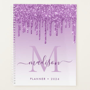 Purple Violet Glitter Drips Girly Monogram 2021 Planner