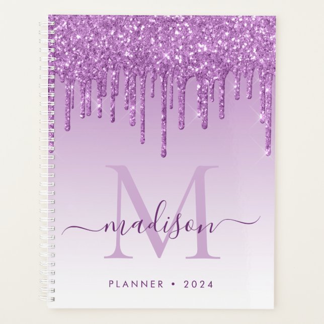 Purple Violet Glitter Drips Girly Monogram 2021 Planner (Front)