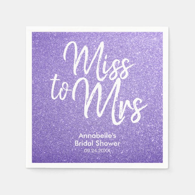 Purple Violet Glitter Miss to Mrs Bridal Shower Napkin (Front)