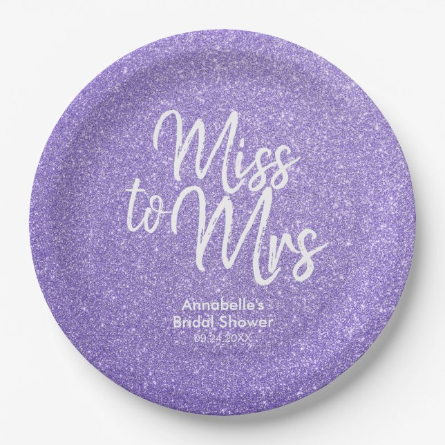 Purple Violet Glitter Miss to Mrs Bridal Shower Paper Plate (Front)