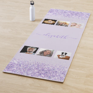 Purple violet glitter name photo collage yoga mat