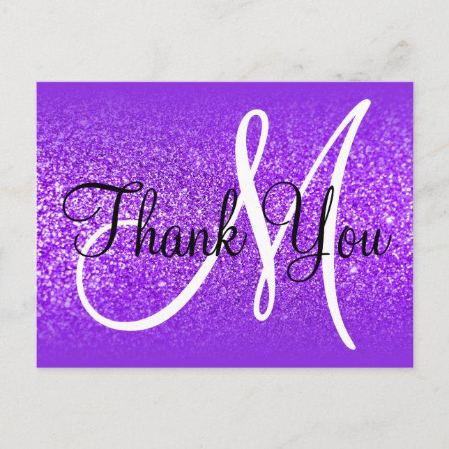 Purple Violet Glitter Ombre Monogram Thank You Postcard (Front)