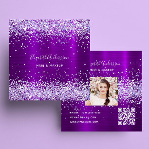 Purple violet glitter photo qr code square business card