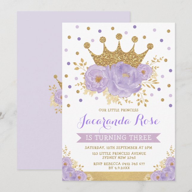 Purple Violet Gold Floral Crown Princess Birthday Invitation (Front/Back)