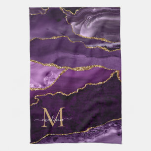 Purple Violet Gold Glitter Geode Marble Monogram Tea Towel