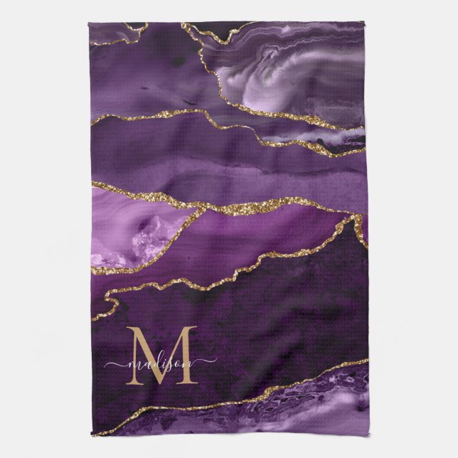 Purple Violet Gold Glitter Geode Marble Monogram Tea Towel (Vertical)