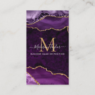 Purple Violet Gold Glitter Marble Agate Monogram Business Card