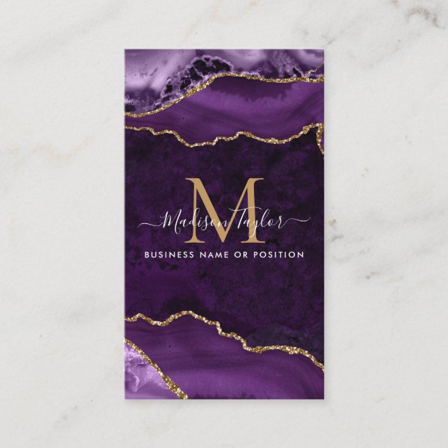 Purple Violet Gold Glitter Marble Agate Monogram Business Card (Front)
