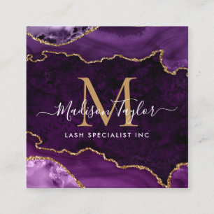 Purple Violet Gold Glitter Marble Agate Monogram Square Business Card
