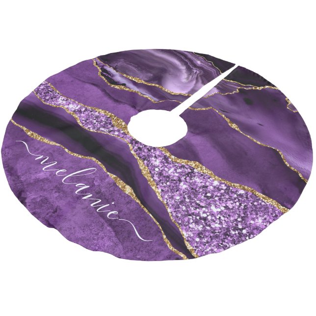 Purple Violet Gold Your Name Christmas Tree Skirt (Angled)