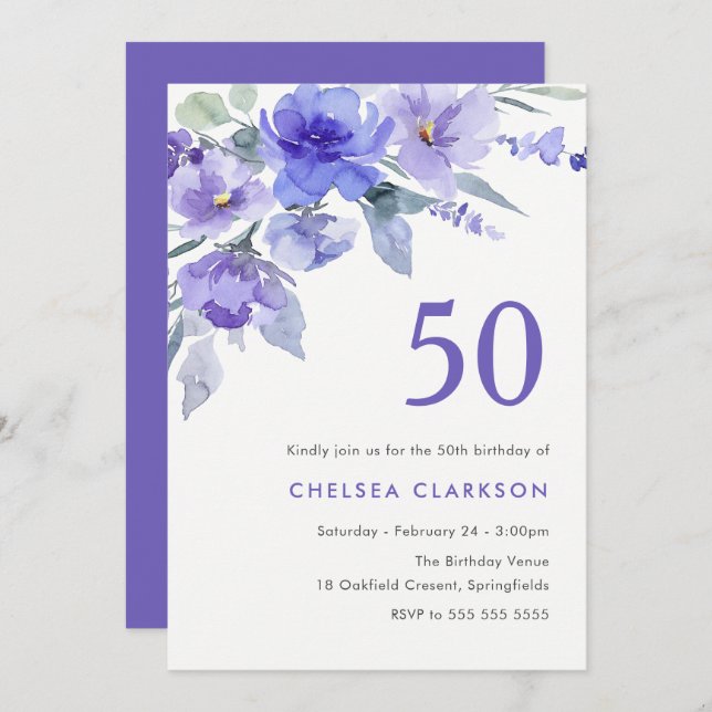 Purple Violet & Lavender 50th Birthday Party Invitation (Front/Back)