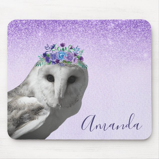 Purple Violet Owl Flower Crown Glitter Personalise Mouse Mat (Front)