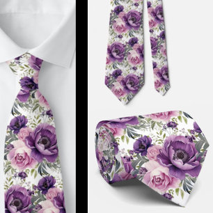 Purple Violet Peonies Poenies Floral Tie