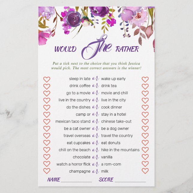 Purple Violet Peony Floral Bridal Shower Game (Front)