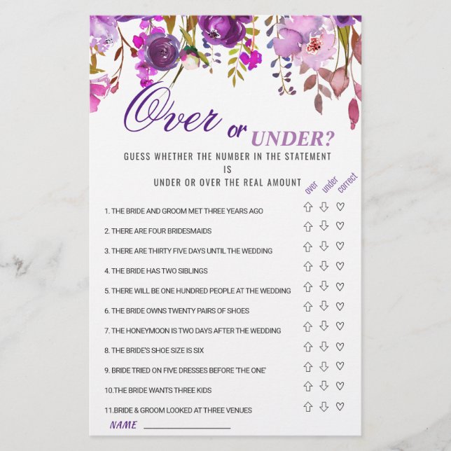 Purple Violet Peony Floral Bridal Shower Game (Front)