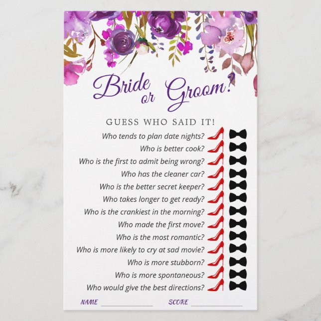 Purple Violet Peony Floral Bridal Shower Game (Front)