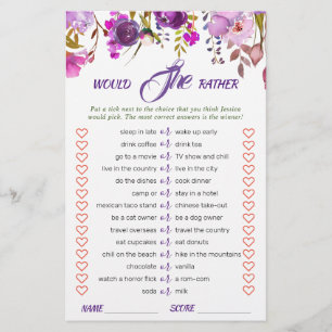 Purple Violet Peony Floral Bridal Shower Game