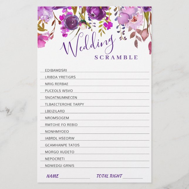 Purple Violet Peony Floral Bridal Shower Game (Front)